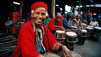 Cultural Beats: Nairobi's Tribal Village Celebration Comes Alive with the Rhythmic Drumming of an African Man, Enriching the Local Culture.