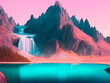 paisaje de montaña realista con lago y una cascada al fondo tonos pastel