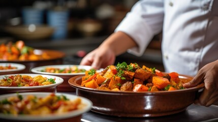Wall Mural - Authentic Flavors: Chef in a Commercial Kitchen Placing Tagines, Combining Culinary Art and Expertise to Create Delicious Slow-cooked Moroccan Meals.