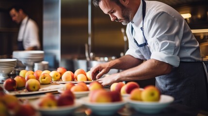 Poster - Fruitful Mastery: Close-Up of Chef in Commercial Kitchen Expertly Preparing Fresh Fruit for Service, Crafting a Culinary Masterpiece with Precision and Gourmet Flair.

