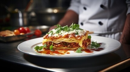 Wall Mural - Layers of Delight: Close-Up of Chef in Commercial Kitchen Preparing Lasagna (Lasanha) for Service, Creating a Culinary Masterpiece with Precision and Gourmet Flavors.

