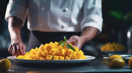 Wall Mural - Gourmet Mango Magic: Close-Up of Chef in Commercial Kitchen Artfully Preparing Red Mango for Service, Promising a Culinary Extravaganza That Blends Freshness, Artistry, and Delicious Dining.

