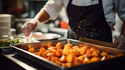 Wall Mural - Spanish Tapas Fiesta: Indulge in the Flavors of Spain with Patatas Bravas, a Crispy and Spicy Dish Featuring Fried Potatoes and Smoked Paprika - A Culinary Journey.