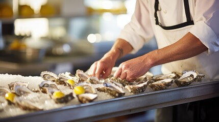 Sticker - Ocean's Delicacy: The Skilled Hands of a Chef, Shucking Fresh Oysters with Expertise, Crafting an Exquisite Presentation of Raw Shellfish Delight.