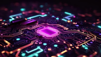 Wall Mural - Minimal animation of a circuit board coming to life with bright neon lights and intricate patterns, representing technology and innovation
