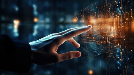 Close up of businessman hand touching image of modern networking digital connection conceptin the style of robotic expressionism