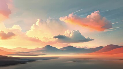 Wall Mural - Minimal animation of a minimalist, abstract landscape with moving clouds and a setting sun.
