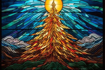 Sticker - Stained glass window illustration of a giant Christmas tree