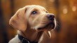Close up of a cute labrador puppy looking up on blurred outdoor background with copy space, cute funny animal portrait studio shot.