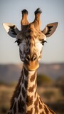 A giraffe wadnering in the open dessert, African savannah / safari. Generative AI.