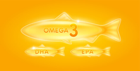 Wall Mural - Omega 3 DHA, EPA. Fish oil extracted from nature. Vitamins collagen essential to the health for the body. For dietary nutritional supplement. On orange background. Vector.