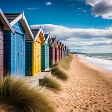Colorful Beach Huts Lining The Sandy Shores Of A Coastal Town