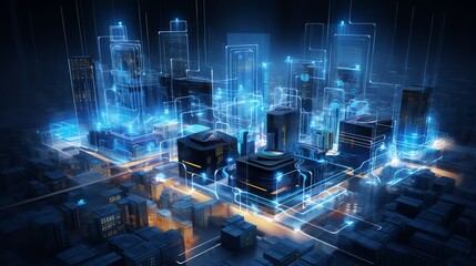 futuristic technology hub with complex network of interconnected circuits, holographic displays, and pulsating energy streams