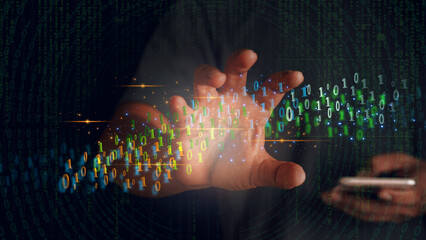 Zero One background in the hands of developers is a global representation of binaries, networks, and coding of programming fundamentals concepts.