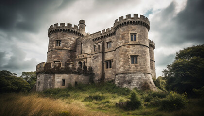 Wall Mural - Ancient ruined castle, majestic stone walls, dramatic overcast sky generative AI