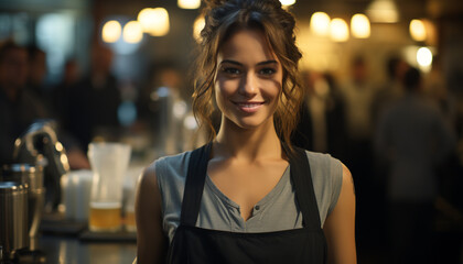 Wall Mural - Young woman standing indoors at a coffee shop, smiling confidently generated by AI