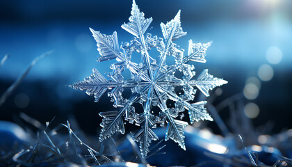 Poster - Winter snowflake, close up ice crystal, nature frozen beauty generated by AI