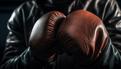 Wall Mural - Muscular men in black gloves confront in boxing ring generative AI