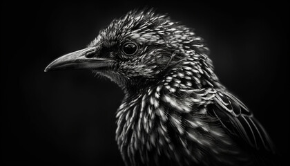 Canvas Print - Black and white starling perching, close up of beak and feather generative AI