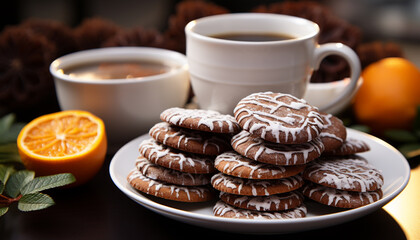 Wall Mural - Homemade chocolate chip cookies on rustic table, coffee mug nearby generated by AI