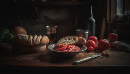 Wall Mural - Rustic homemade meal with fresh organic vegetables and ciabatta bread generated by AI