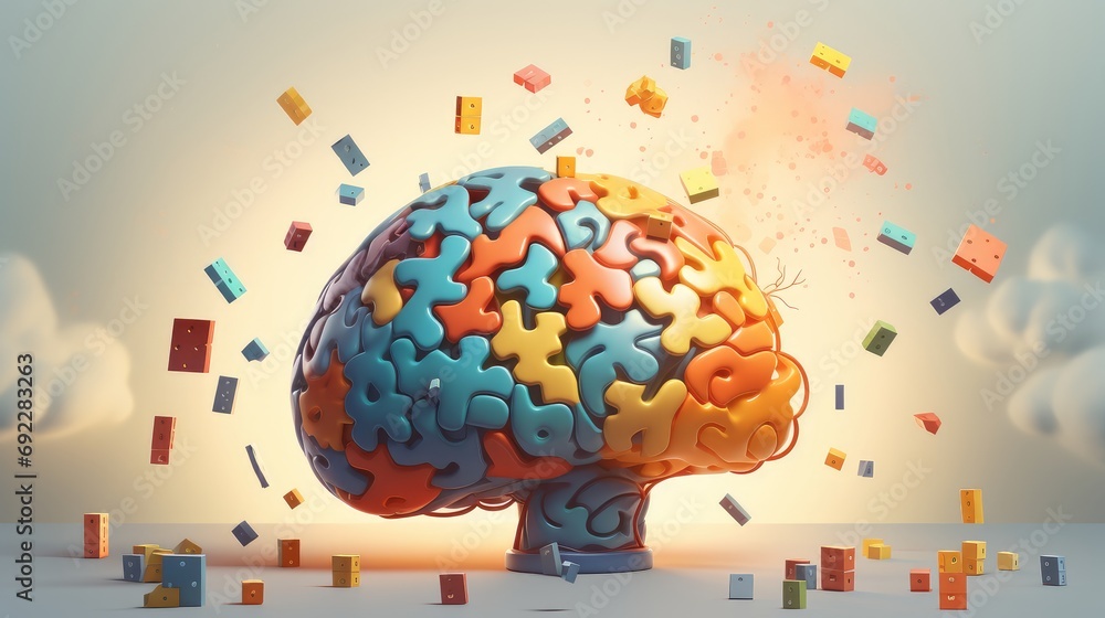 Digital illustration of a brain with puzzle pieces floating around it ...