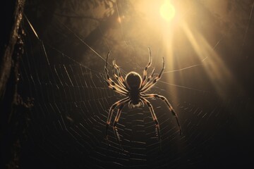 Spider weaving its web in a dimly lit corner. Halloween horror background