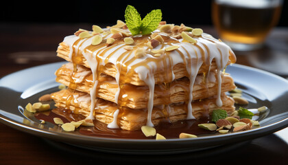 Poster - Stack of gourmet pancakes with chocolate sauce and whipped cream generated by AI