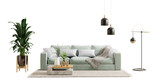 Fototapeta  - Green sofa and decor in living room on transparent background.3d rendering