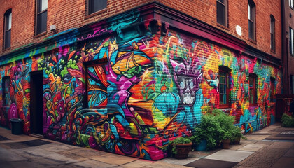 Wall Mural - Vibrant colored graffiti mural illuminates modern cityscape at night generated by AI