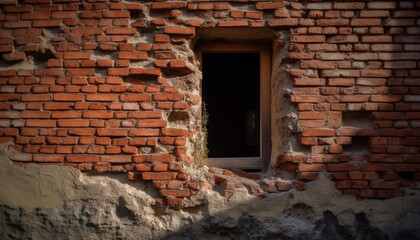 Canvas Print - Abandoned old ruin with broken window, weathered brick wall backdrop generated by AI