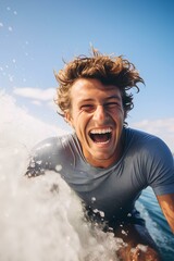 Wall Mural - a happy young man enjoying surfing against the backdrop of a blue sea. generative AI