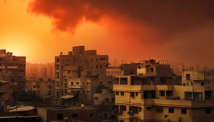 Canvas Print - Yellow skyscraper silhouette against modern cityscape at dusk generated by AI