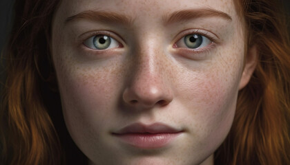 Poster - One young adult woman staring at camera with serious expression generated by AI