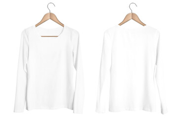 Sticker - Blank Template Hanging White Woman Round Neck Long Sleeve T-shirt Mockup