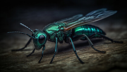 Poster - Spooky housefly with hairy legs and green eyes in macro magnification generated by AI