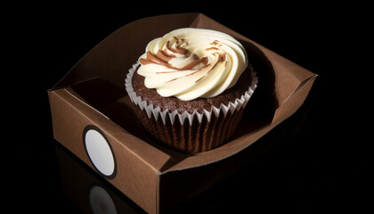 Canvas Print - Cute cupcake with chocolate icing on dark wood table indoors generated by AI