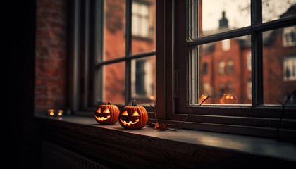 Canvas Print - Spooky pumpkin lantern glows on window sill in dark night generated by AI