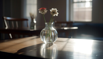 Sticker - Modern vase on wooden table with fresh flower bouquet indoors generated by AI