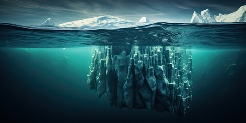 An iceberg beneath the water's surface serves as a symbol of the risks associated with global warming