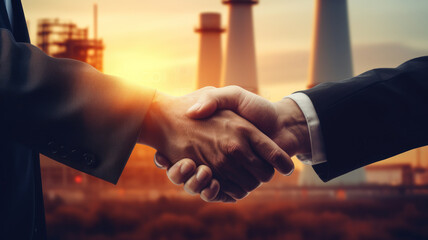 Business handshake and the power plant on sunset and white background