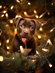 Wall Mural - Cute chocolate labrador retriever puppy with tongue out with christmas lights in the background