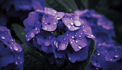 Poster - Fresh purple hydrangea blossom in wet nature with dew drop generated by AI