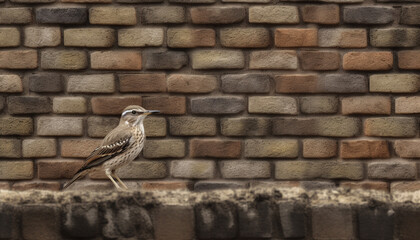 Canvas Print - Animal perching on old brick wall, looking at insect generated by AI