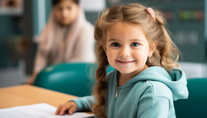 Wall Mural - Smiling child in classroom, learning and studying generated by AI