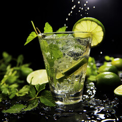 Canvas Print - Refreshing cocktail with lime, mint leaf, and ice generated by AI