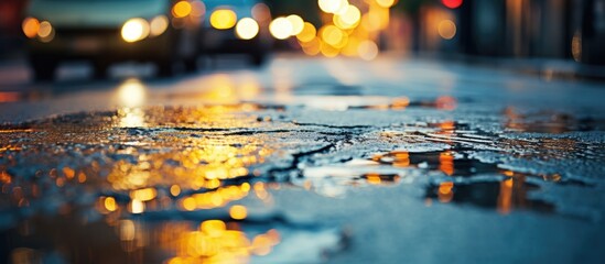 Poster - After rainfall, on an empty city road, a close-up view of the puddle on the pavement with a yellow-blue toned image.