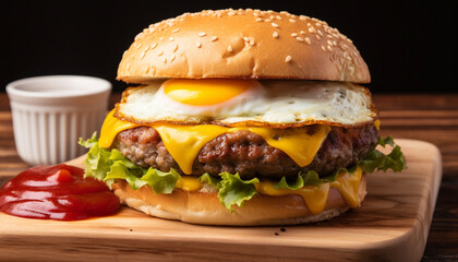 Poster - Grilled burger with cheese, tomato, and fries generated by AI