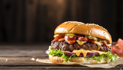 Poster - Grilled gourmet burger with cheese, tomato, and onion generated by AI