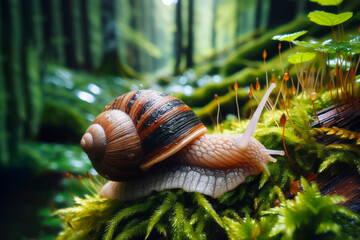 A walking snail in the forest on moss.